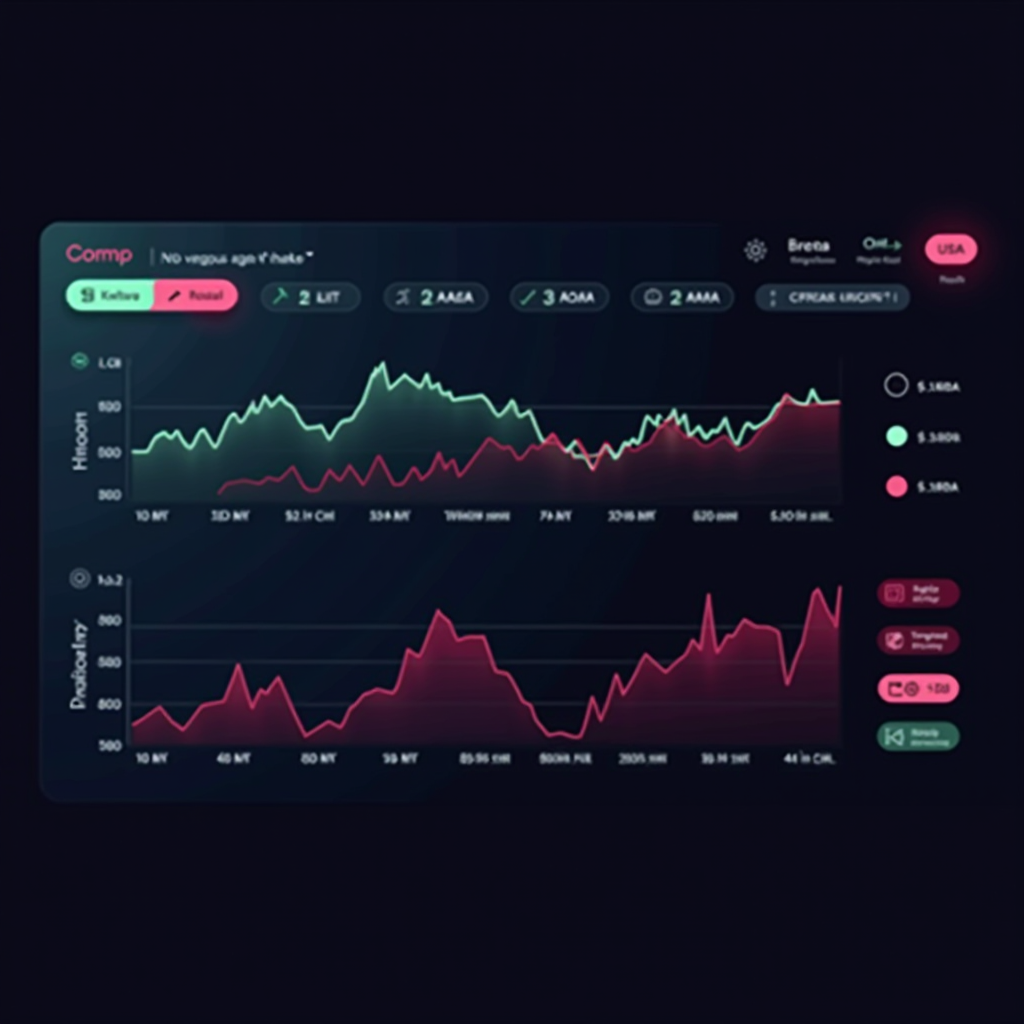 Интерактивная панель мониторинга курсов валют с графиками динамики USD, EUR, PLN и других валют на темном фоне с неоновыми акцентами
