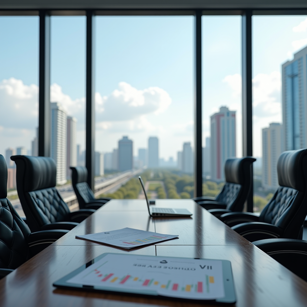 Сучасний офіс Національного банку України з великими панорамними вікнами, через які видно київський пейзаж. На передньому плані - професійний стіл з документами про нові регуляторні вимоги, планшет з графіками валютного ринку, та символіка НБУ. Атмосфера офіційності та інновацій у фінансовому секторі