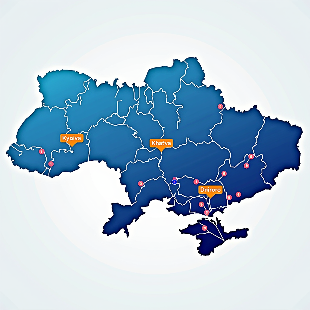 Детальная карта Украины с отмеченными точками обменных пунктов в крупных городах: Киев, Харьков, Одесса, Львов, Днепр. Визуализация плотности сети обменников с цветовыми индикаторами активности