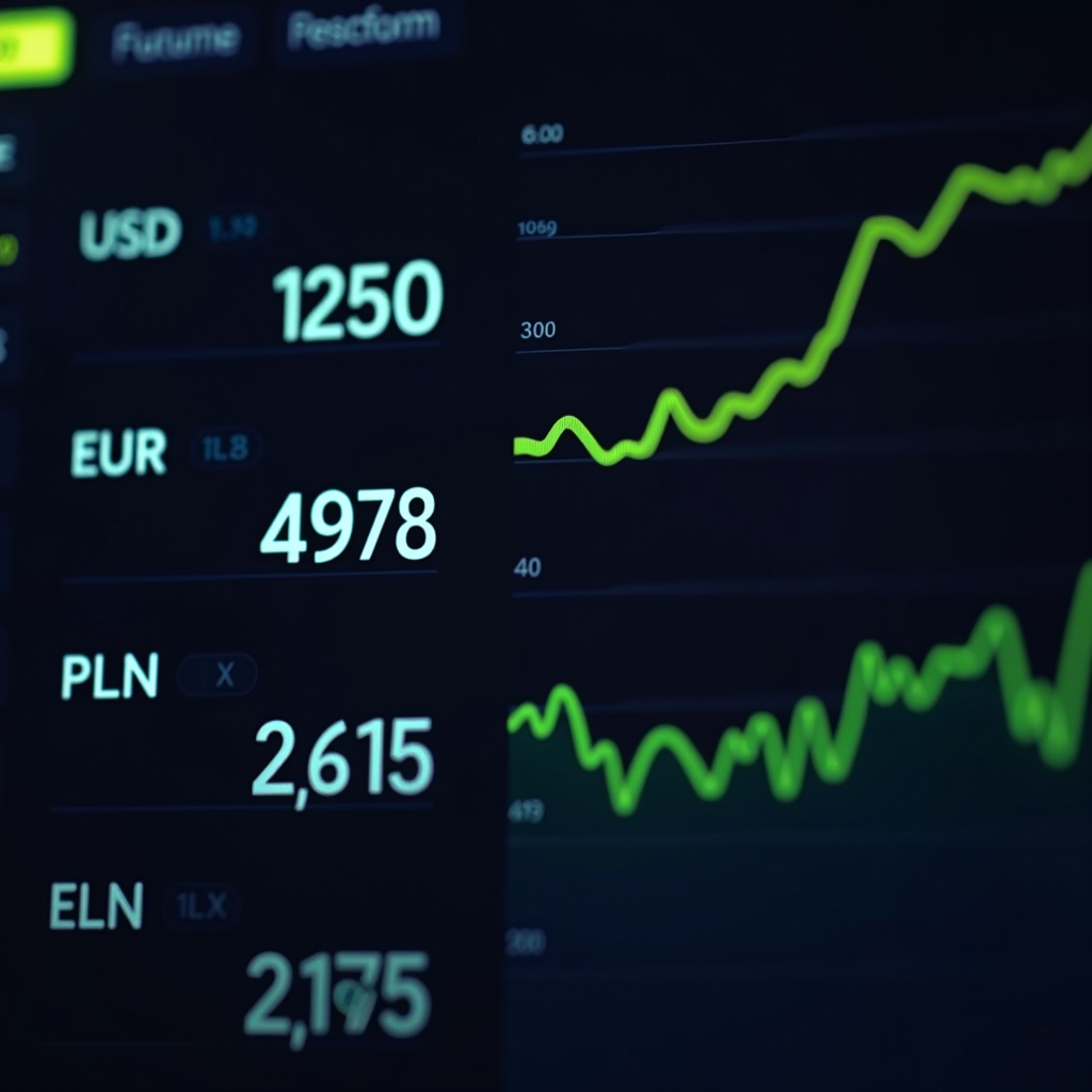 Професійна панель моніторингу валют з графіками в реальному часі, відображенням курсів USD, EUR, PLN на темному фоні з неоновими акцентами лайму, інтерактивними діаграмами та аналітичними даними