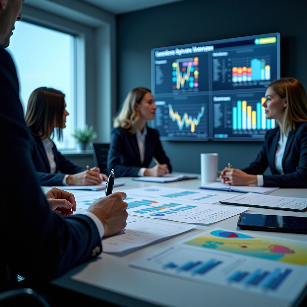 Професійна консультаційна кімната з сучасними фінансовими документами, графіками регуляторної бази України, чек-листами комплаєнсу та цифровими екранами з регуляціями НБУ, професійне освітлення, корпоративна фінтех естетика