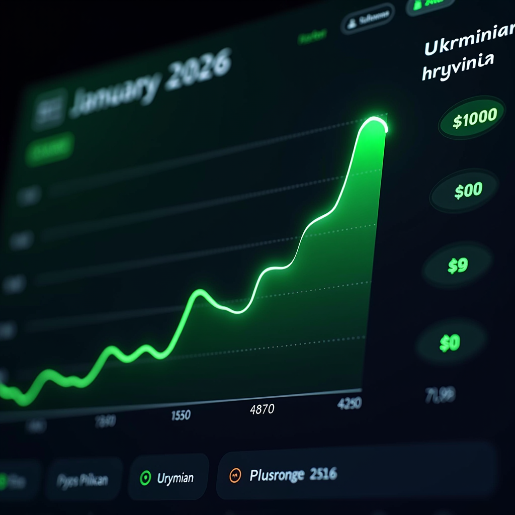 Графік зростання української гривні у січні 2026 року з діаграмами курсів долара та євро на темному фінансовому дашборді з неоновими зеленими акцентами