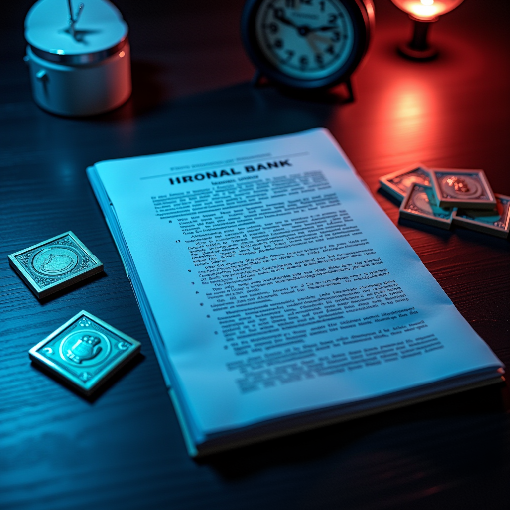 Офіційні документи Національного банку України з новими регуляторними вимогами для валютних операцій на темному столі з неоновим підсвічуванням та фінансовими печатками